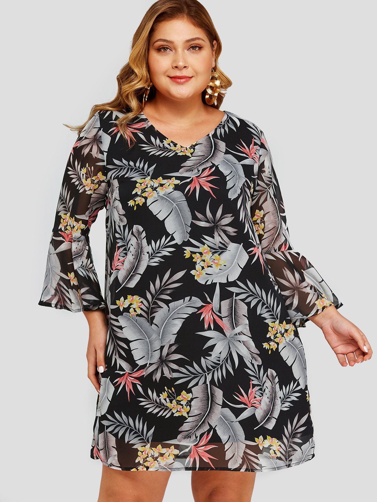 Wholesale V-Neck Floral Print Long Sleeve Black Plus Size Dress