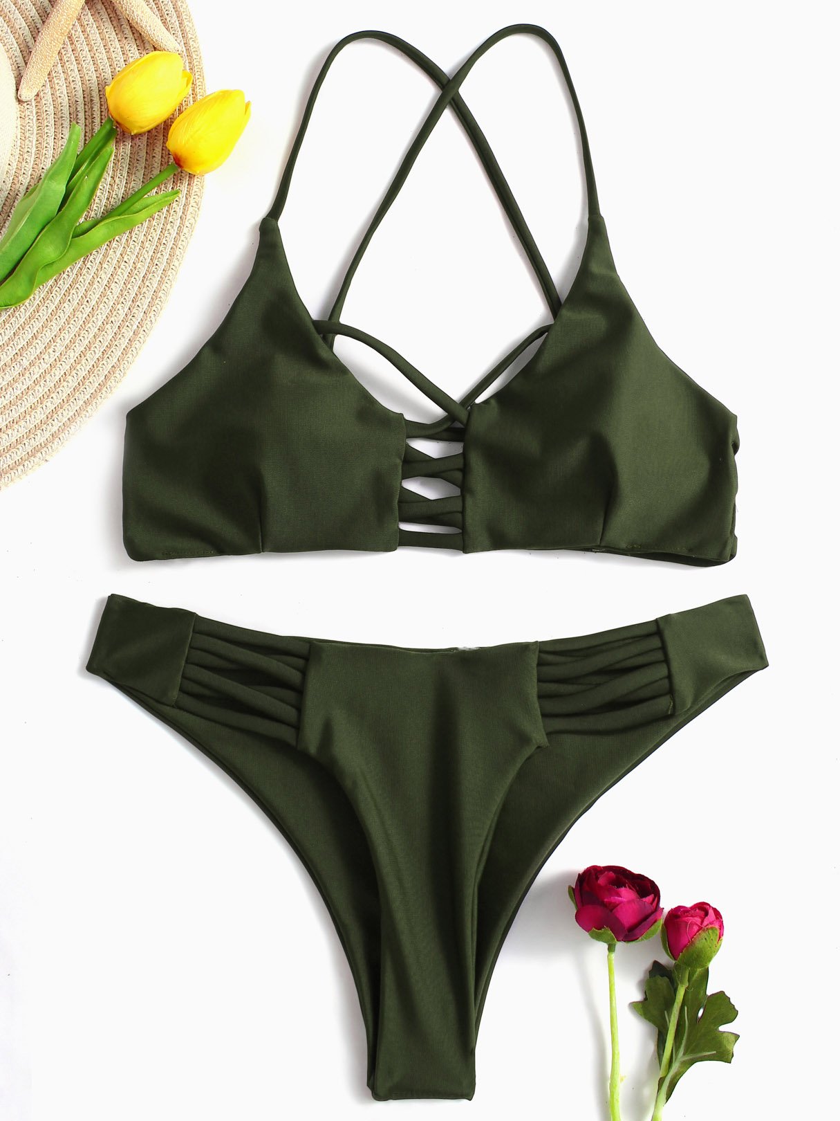 Wholesale Green V-Neck Sleeveless Criss-Cross Two Piece Bikinis