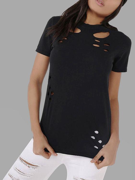 Wholesale Cut Out Short Sleeve Black T-Shirts