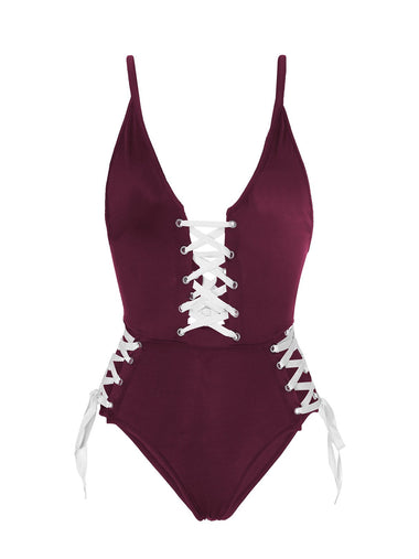 Wholesale Burgundy V-Neck Sleeveless Backless Lace-Up One-Pieces