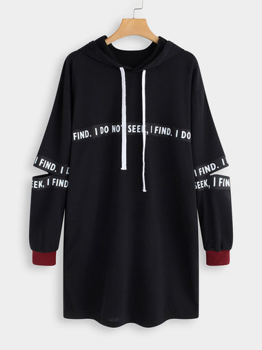Wholesale Black Long Sleeve Letter Hooded Cut Out Casual Dress