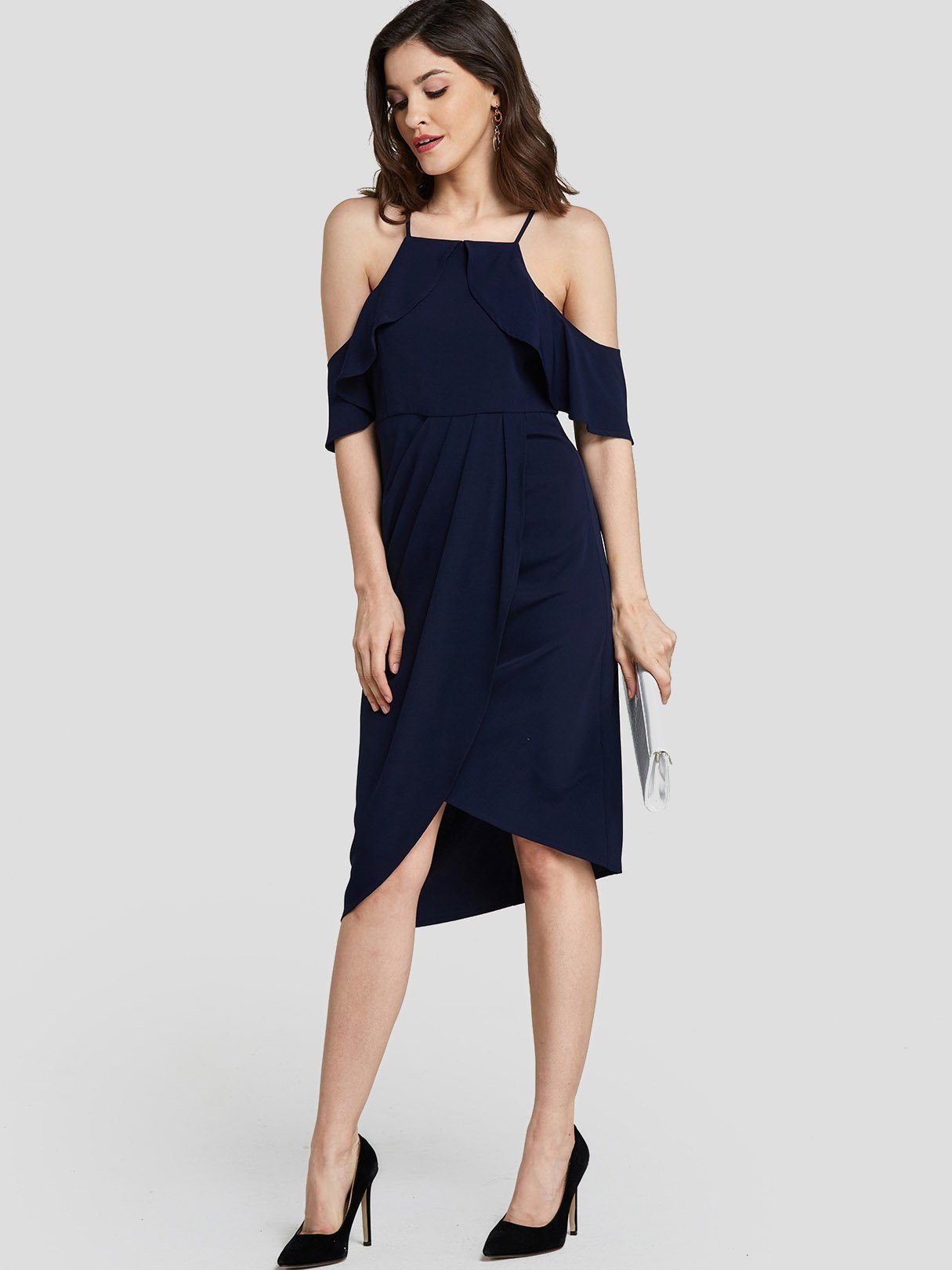 Wholesale Navy Cold Shoulder Half Sleeve Plain Crossed Front Cut Out Spaghetti Strap Slit Hem Sexy Dress