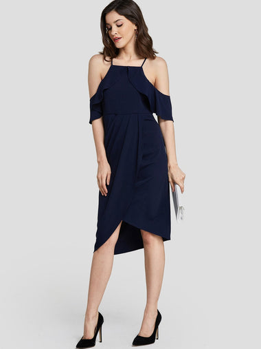 Wholesale Navy Cold Shoulder Half Sleeve Plain Crossed Front Cut Out Spaghetti Strap Slit Hem Sexy Dress