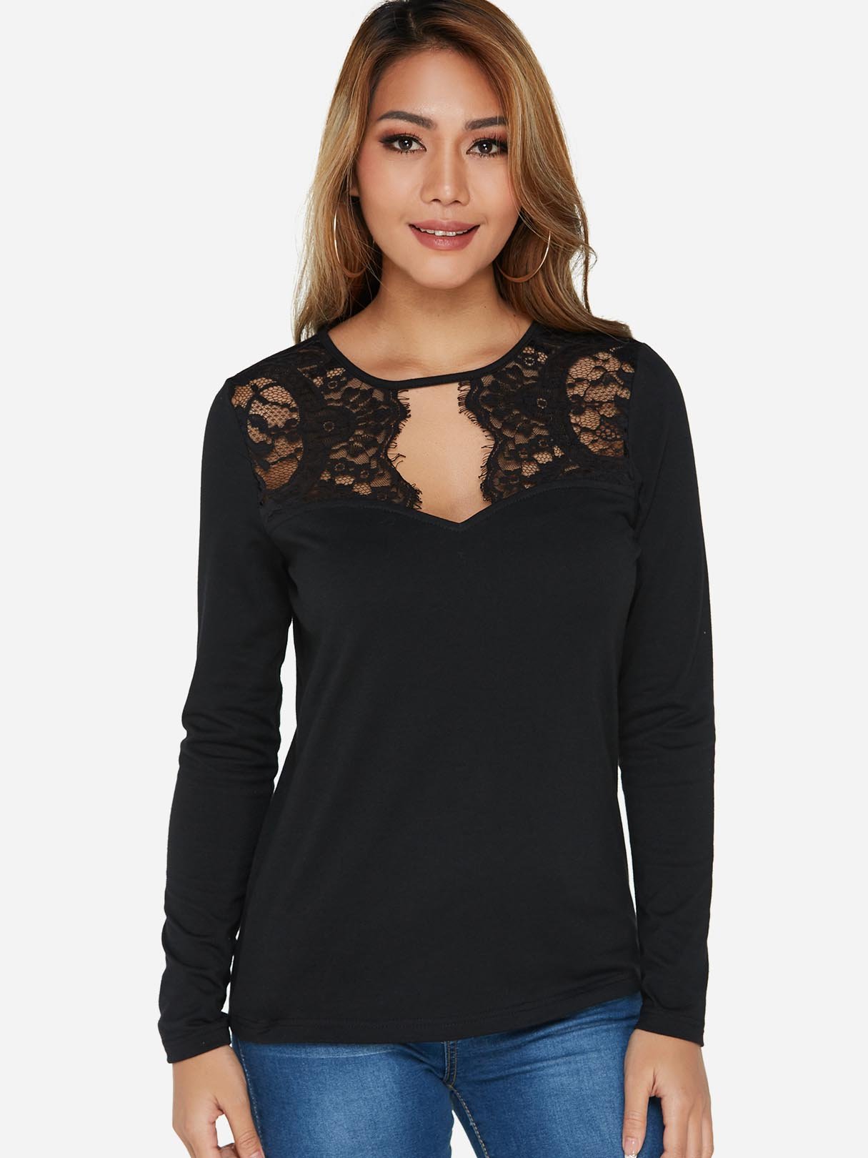Wholesale Round Neck Plain Lace Long Sleeve Black Fashion T-Shirt