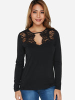 Wholesale Round Neck Plain Lace Long Sleeve Black Fashion T-Shirt