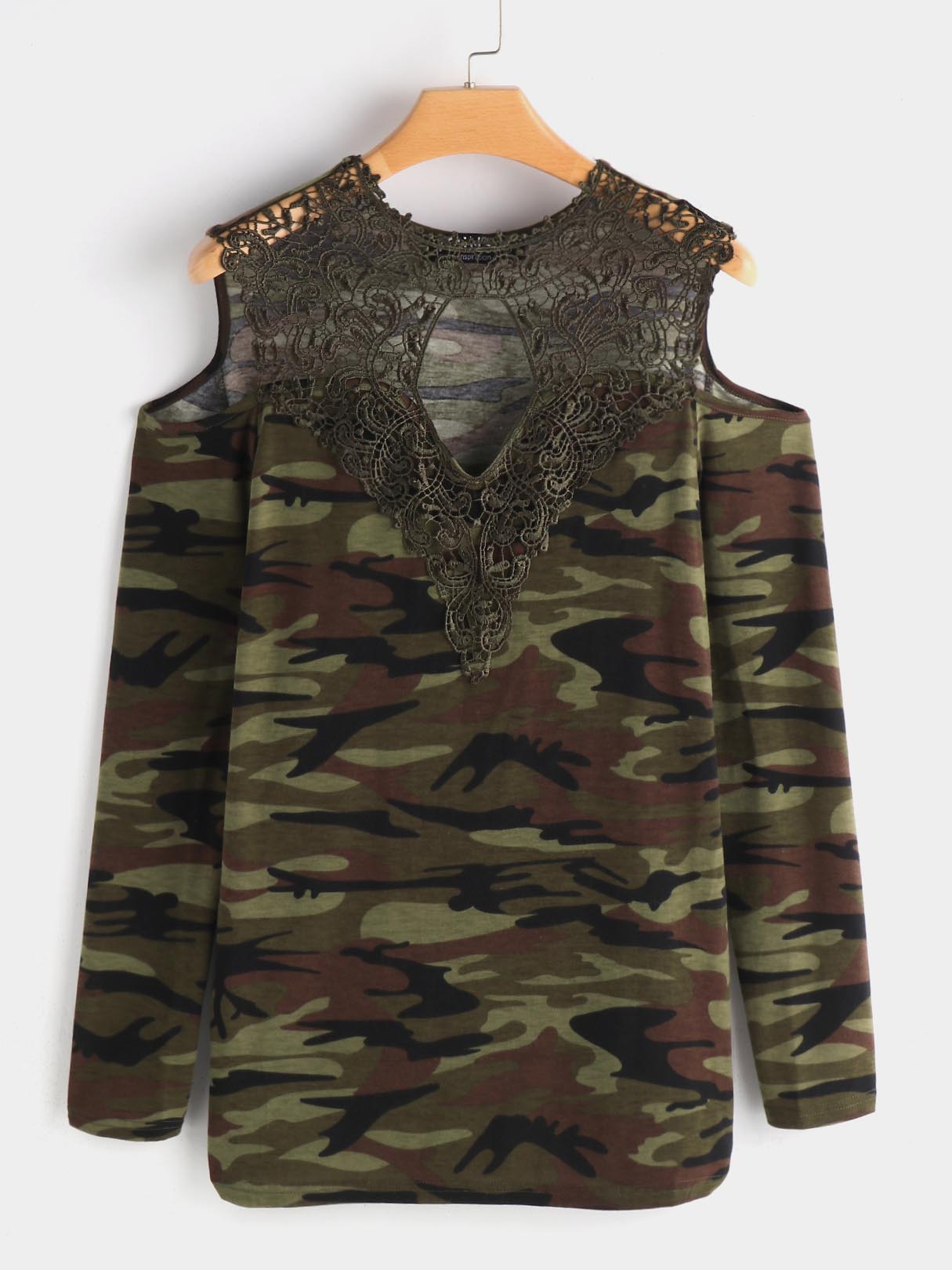 Wholesale Round Neck Cold Shoulder Camouflage Lace Hollow Cut Out Long Sleeve Camo T-Shirts