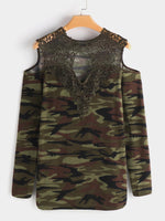Wholesale Round Neck Cold Shoulder Camouflage Lace Hollow Cut Out Long Sleeve Camo T-Shirts