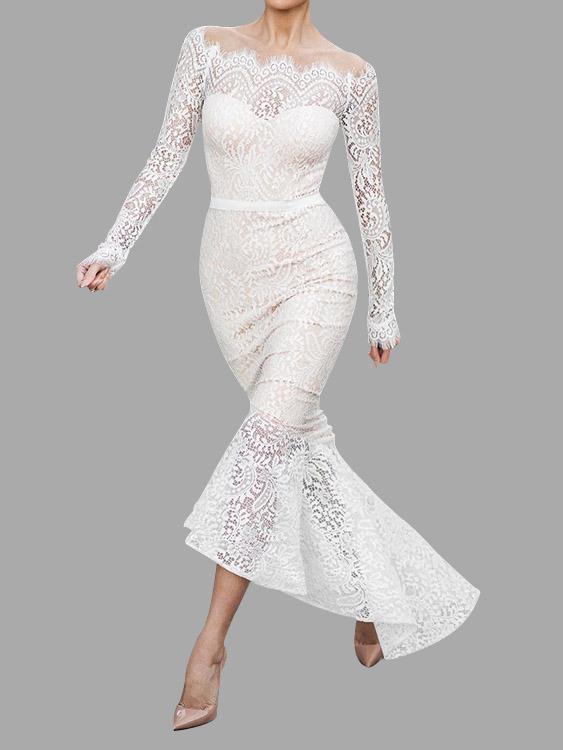 Wholesale White Off The Shoulder Long Sleeve Lace Zip Back Flounced Hem Maxi Dresses