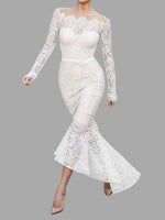 Wholesale White Off The Shoulder Long Sleeve Lace Zip Back Flounced Hem Maxi Dresses
