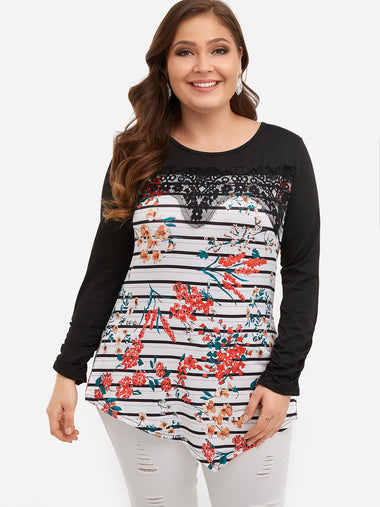 Wholesale Round Neck Floral Print Lace Pleated Long Sleeve Asymmetrical Hem Plus Size Tops