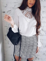 Wholesale Crew Neck Round Neck Crochet Lace Embellished Hollow Long Sleeve White Blouses