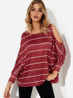 Wholesale Crew Neck Cold Shoulder Stripe Cut Out Long Sleeve Top