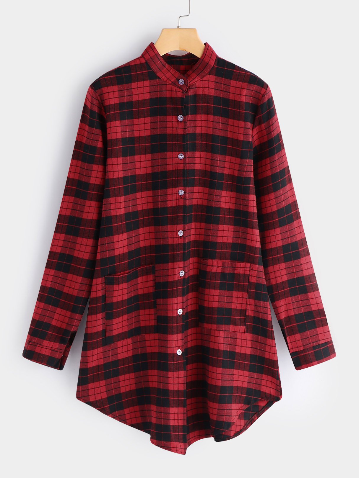 Wholesale Classic Collar Grid Side Pockets Long Sleeve Curved Hem Red Casual Dresses