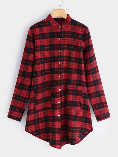 Wholesale Classic Collar Grid Side Pockets Long Sleeve Curved Hem Red Casual Dresses