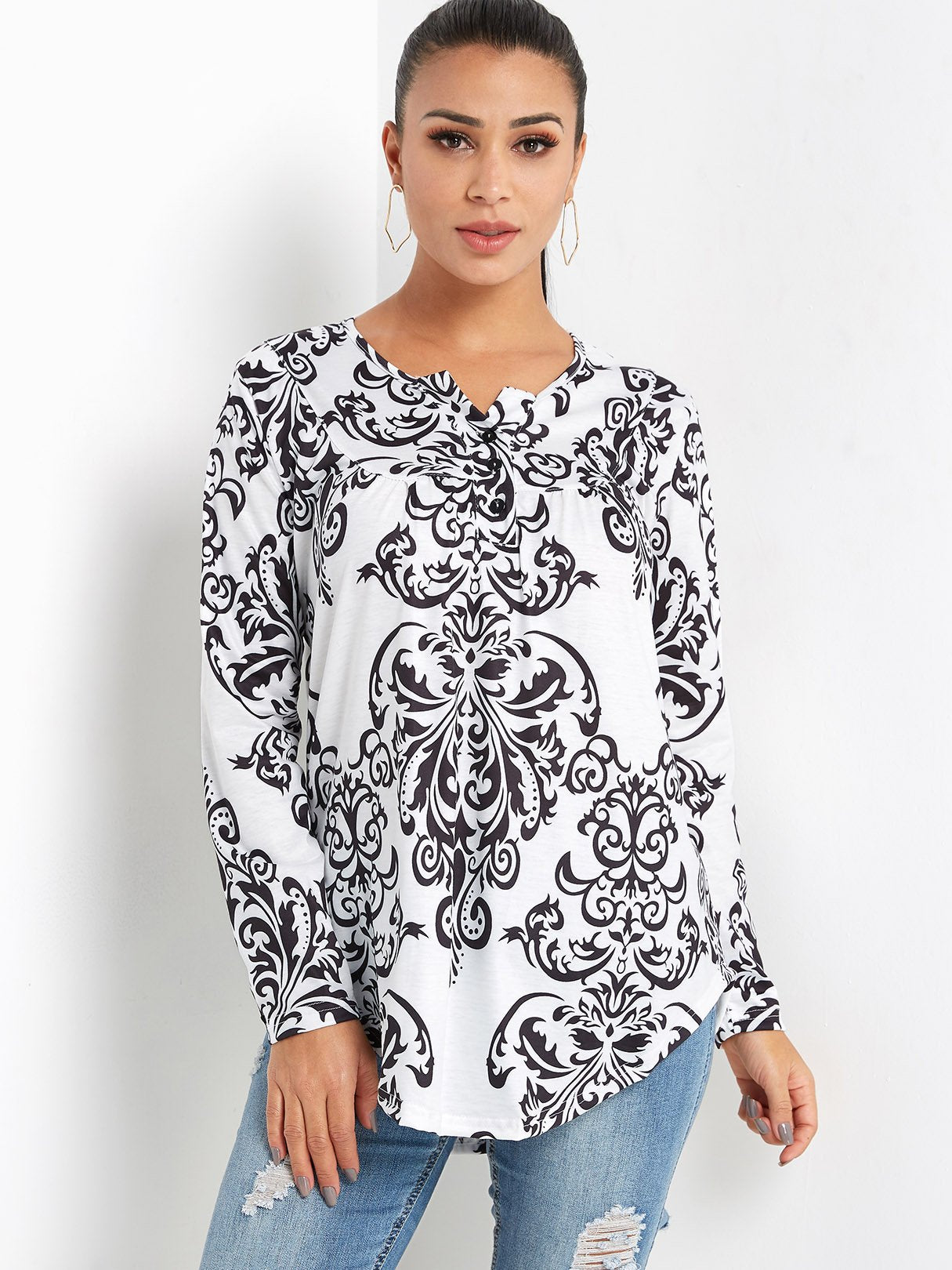 Wholesale V-Neck Long Sleeve Tribal Print Black Blouses