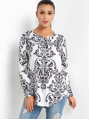 Wholesale V-Neck Long Sleeve Tribal Print Black Blouses