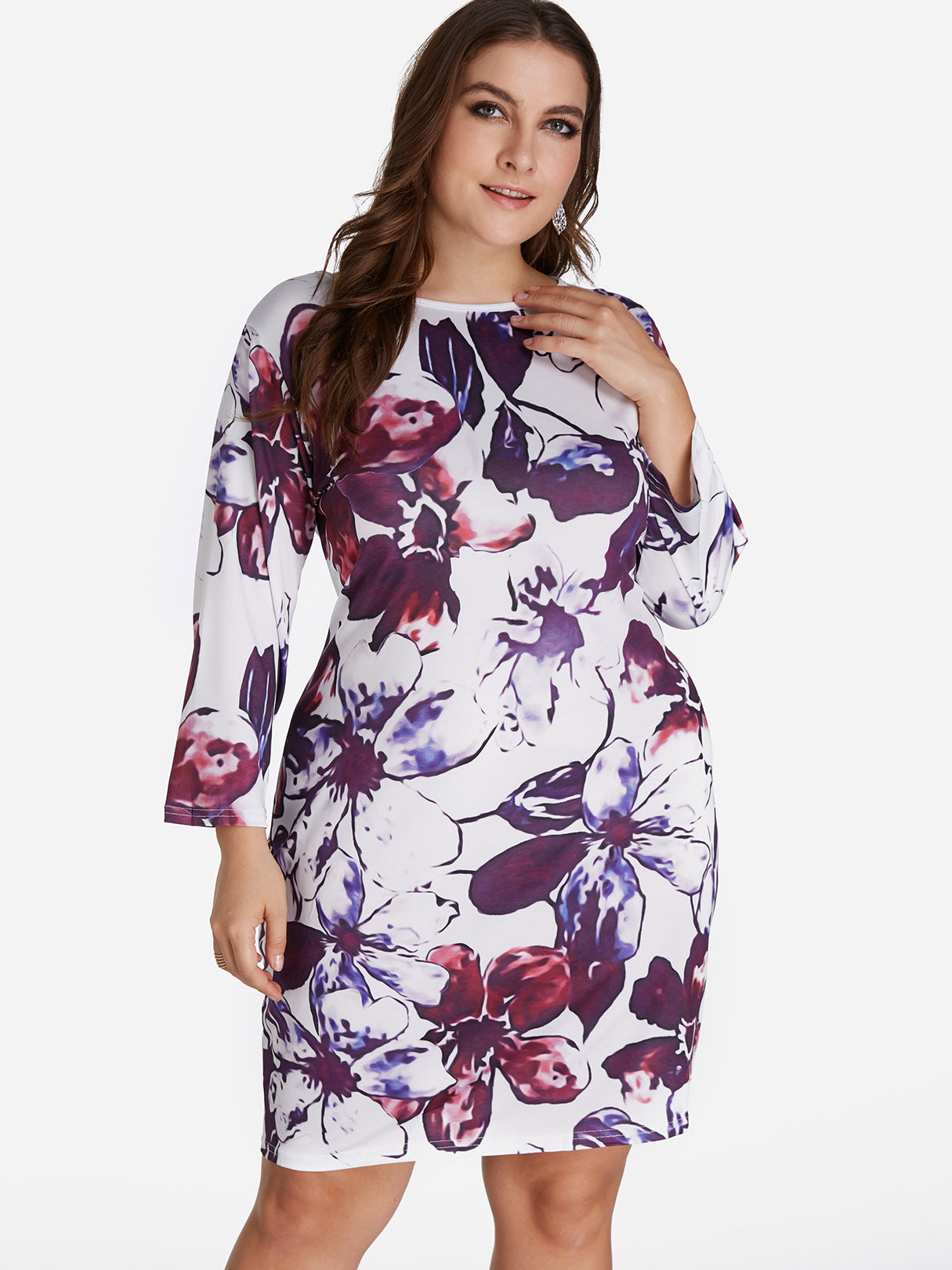 Wholesale Round Neck Floral Print Long Sleeve Curved Hem Purple Plus Size Dresses