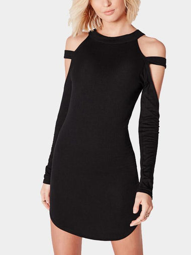 Wholesale Round Neck Long Sleeves Curved Hem Mini Dresses With Cutout Details