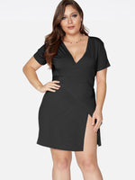 Wholesale Deep V Neck Plain Self-Tie Short Sleeve Slit Hem Black Plus Size Dresses