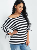 Wholesale One Shoulder Stripe 3/4 Sleeve Top