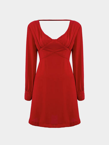 Wholesale Burgundy V-Neck Long Sleeve Crossed Front Dresses