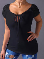 Wholesale V-Neck Lace Details Lace-Up T-Shirt