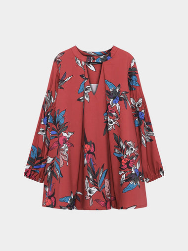 Wholesale Crew Neck Long Sleeve Floral Print Cut Out Curved Hem Shirt Dresses
