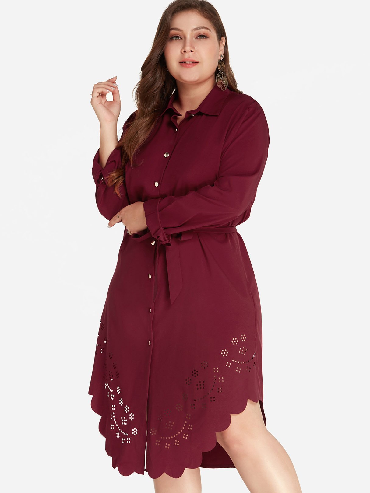 Wholesale Classic Collar Plain Long Sleeve Plus Size Dress