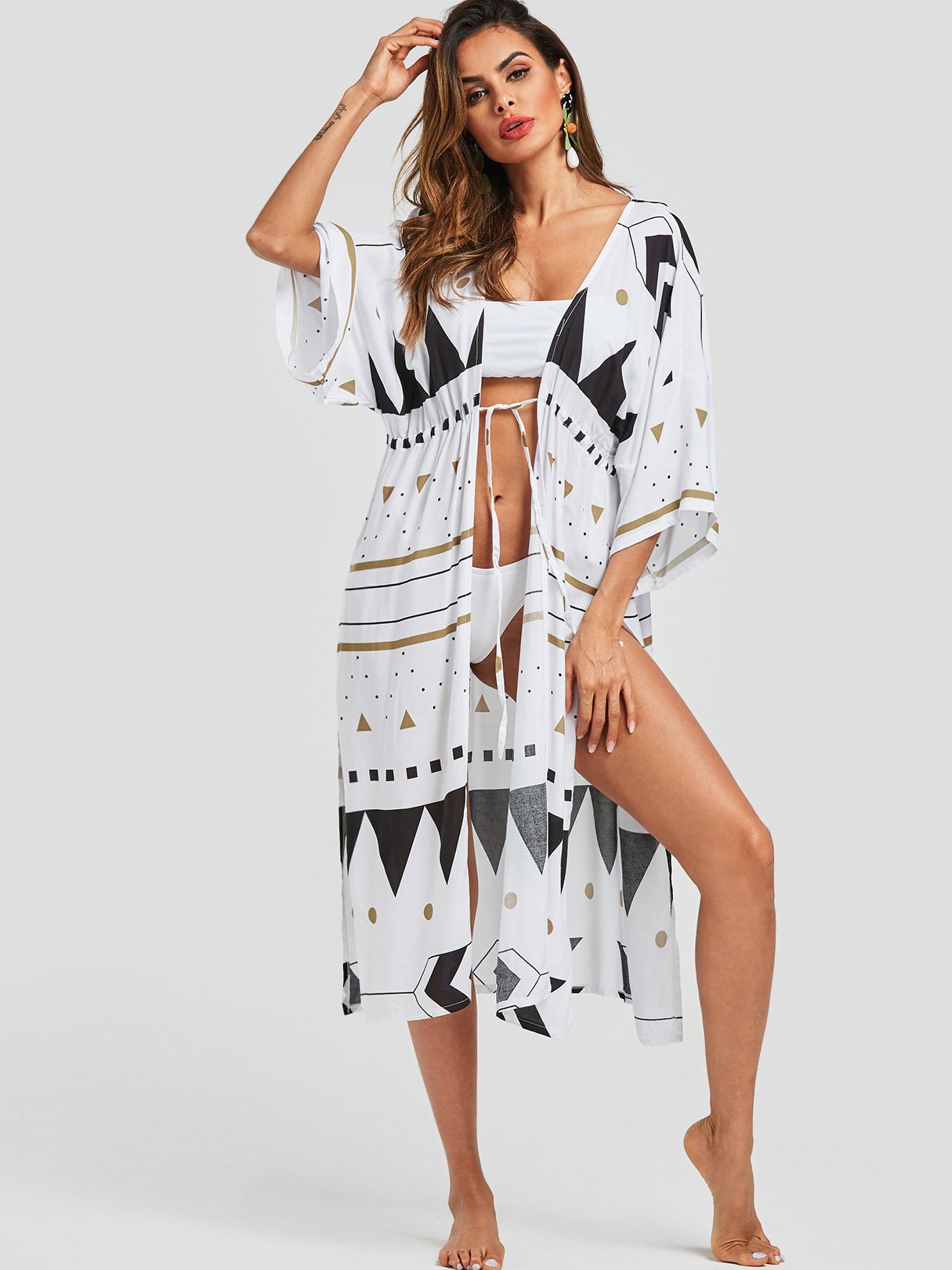 Wholesale Geometrical Slit Tie-Up 3/4 Length Sleeve White Beach Dresses 