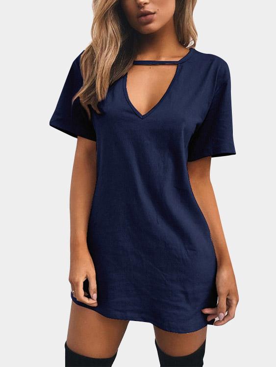 Wholesale V-Neck Plain Cut Out Short Sleeve Shirt Dresses