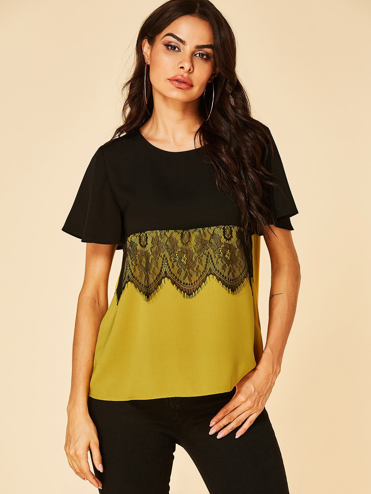 Wholesale Round Neck Lace Short Sleeve Fashion Tee