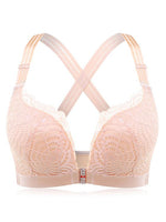 Wholesale Plus Size Front Closure Lace Trim Criss-Cross Back Wireless Bra