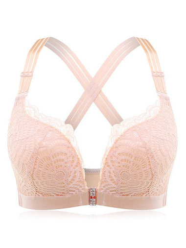 Wholesale Plus Size Front Closure Lace Trim Criss-Cross Back Wireless Bra