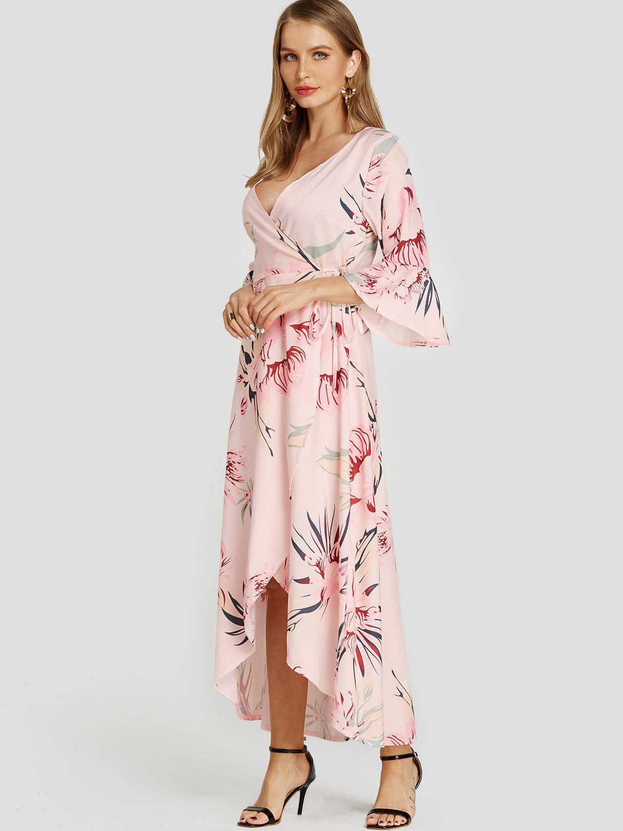 Wholesale Pink V-Neck Floral Print Self-Tie Wrap Slit Hem Dresses
