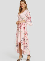 Wholesale Pink V-Neck Floral Print Self-Tie Wrap Slit Hem Dresses