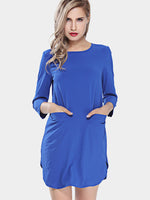 Wholesale Blue Crew Neck 3/4 Length Sleeve Plain Curved Hem Mini Dresses
