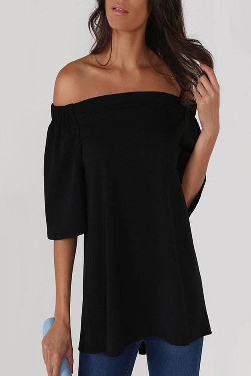 Wholesale Off The Shoulder Slit Half Sleeve Irregular Hem Black T-Shirts