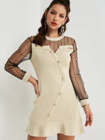 Wholesale Round Neck See Through Long Sleeve Ruffle Hem Apricot Casual Dresses