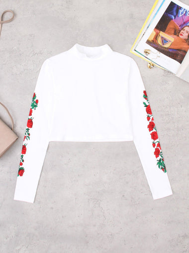 Wholesale Round Neck Floral Print Long Sleeve White Fashion Top