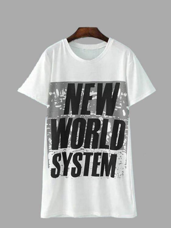 Wholesale Round Neck New World System Print Longline Loose White T-Shirts