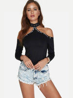 Wholesale Halter Cold Shoulder Long Sleeve Black T-Shirts