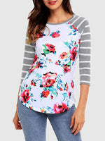 Wholesale Round Neck Stripe Floral Print 3/4 Sleeve Grey T-Shirts