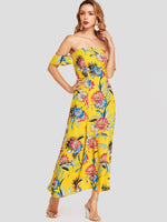 Wholesale Yellow Off The Shoulder Short Sleeve Printed Backless Slit Hem Dresses