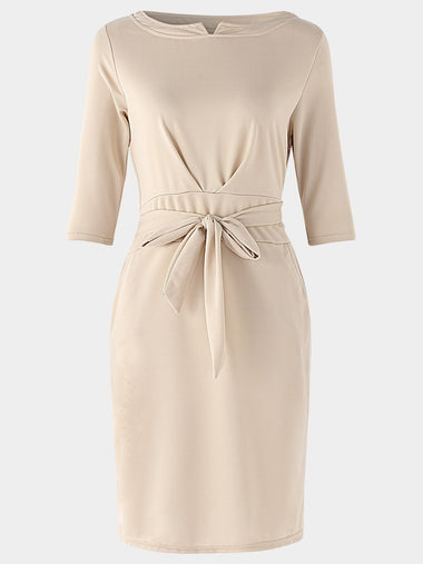 Wholesale Beige Round Neck Half Sleeve Lace-Up Midi Dress