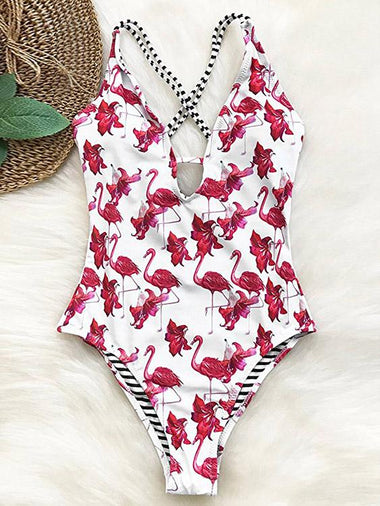 Wholesale White V-Neck Sleeveless Floral Print Backless One-Pieces