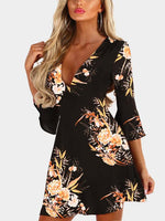 Wholesale Black V-Neck Crossed Collar 3/4 Sleeve Length Floral Print Zip Back Wrap Dresses