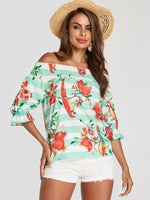 Wholesale Off The Shoulder Floral Print Half Sleeve Green T-Shirts