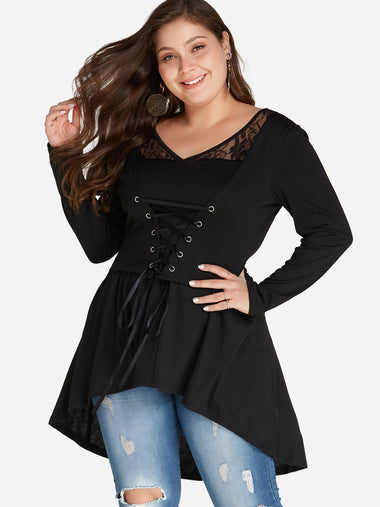 Wholesale V-Neck Plain Lace-Up Lace Insert Long Sleeve High-Low Hem Black Plus Size Tops