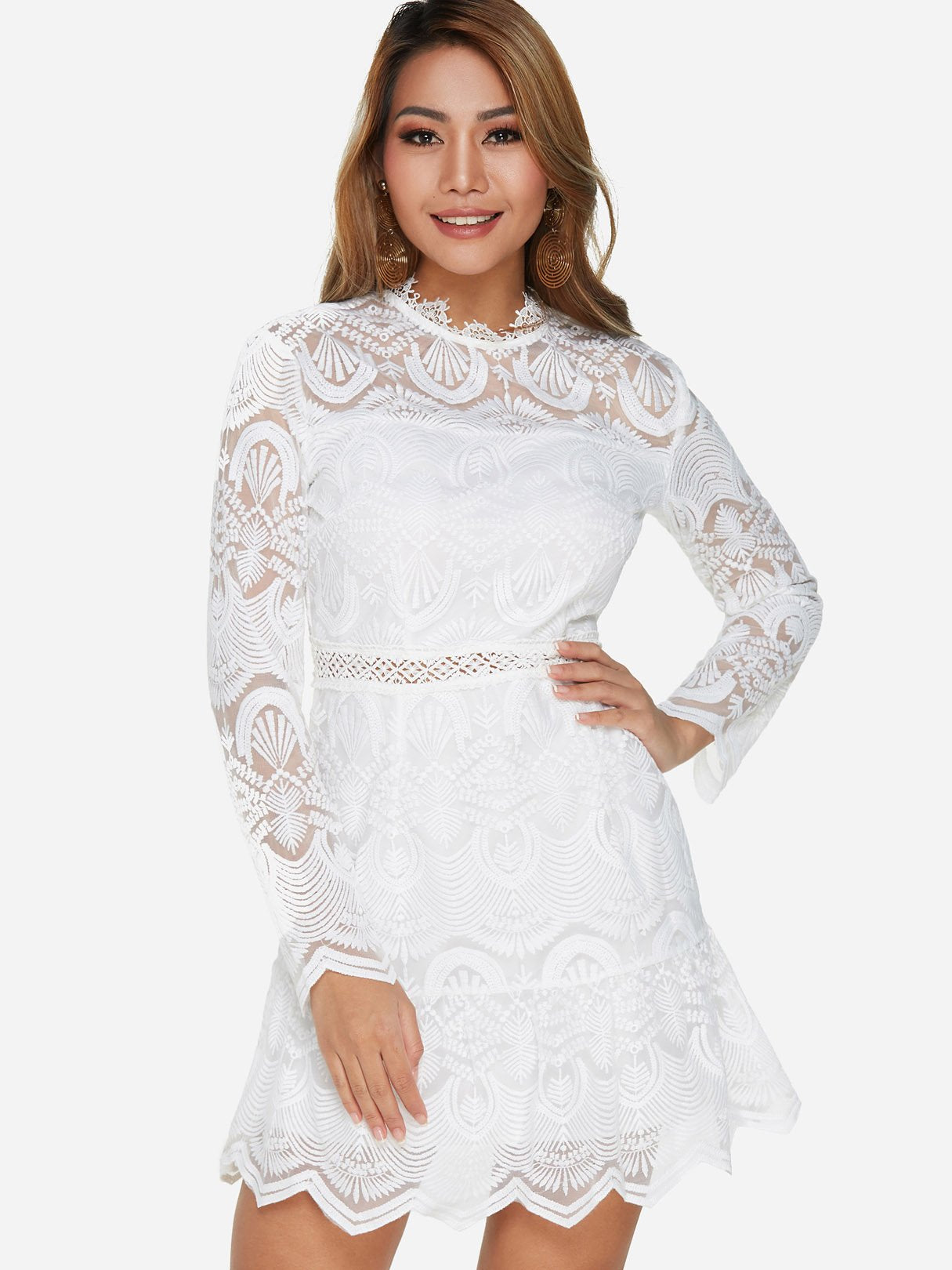 Wholesale Crew Neck Lace Zip Back Hollow Long Sleeve White Sexy Dresses