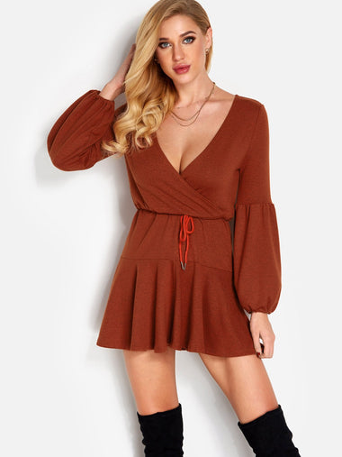 Wholesale V-Neck Long Sleeve Lace-Up Wrap Dresses